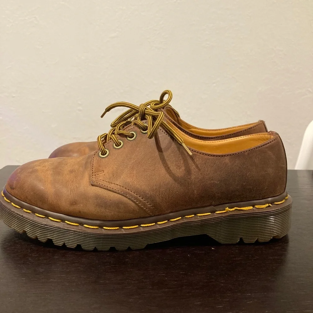 Dr. Martens Brown Leather Derby Shoes with Yellow Stitching